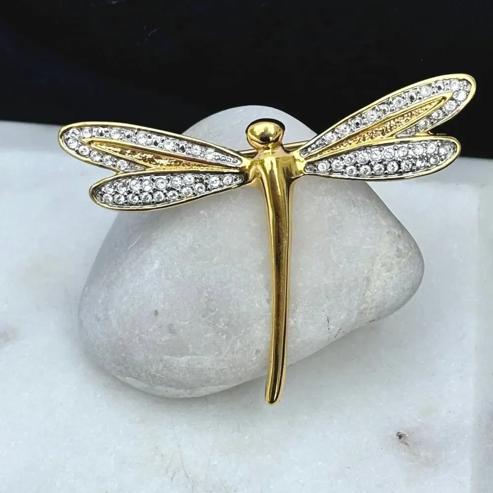 Vintage Gold Tone Rhinestone Dragonfly Brooch Pin